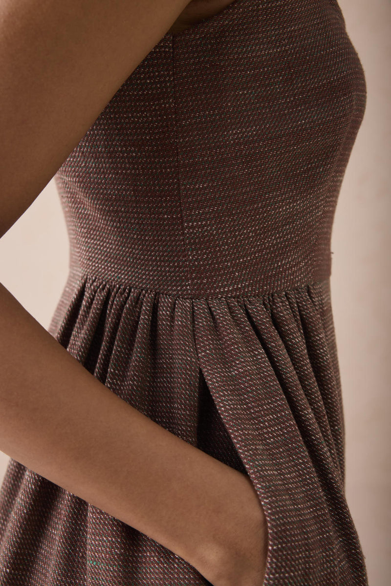 Hazel Sun Handspun Handwoven Organic Cotton Pleated Mini Dress cotton by SUI in brown color for women Worldwide