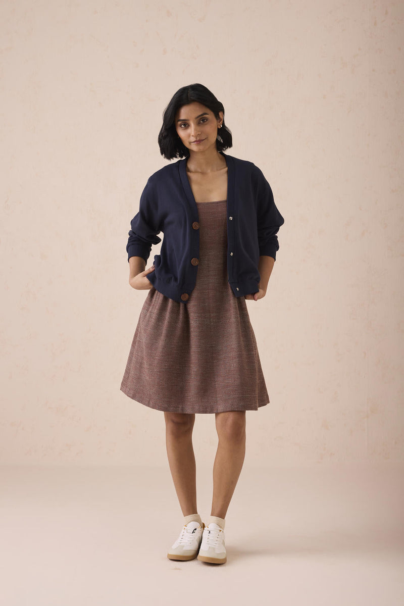 Hazel Sun Handspun Handwoven Organic Cotton Pleated Mini Dress cotton by SUI in brown color for women Worldwide