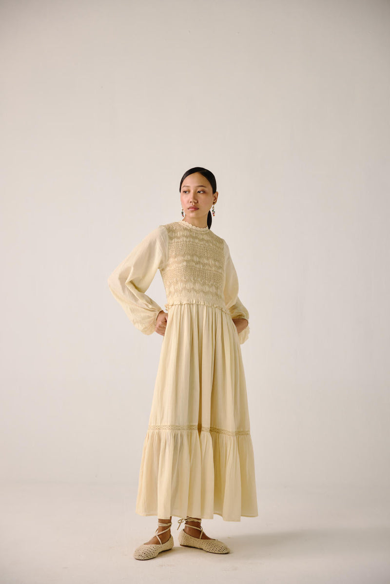 Heart smocked Dress-Ivory cotton by CORD for women Worldwide