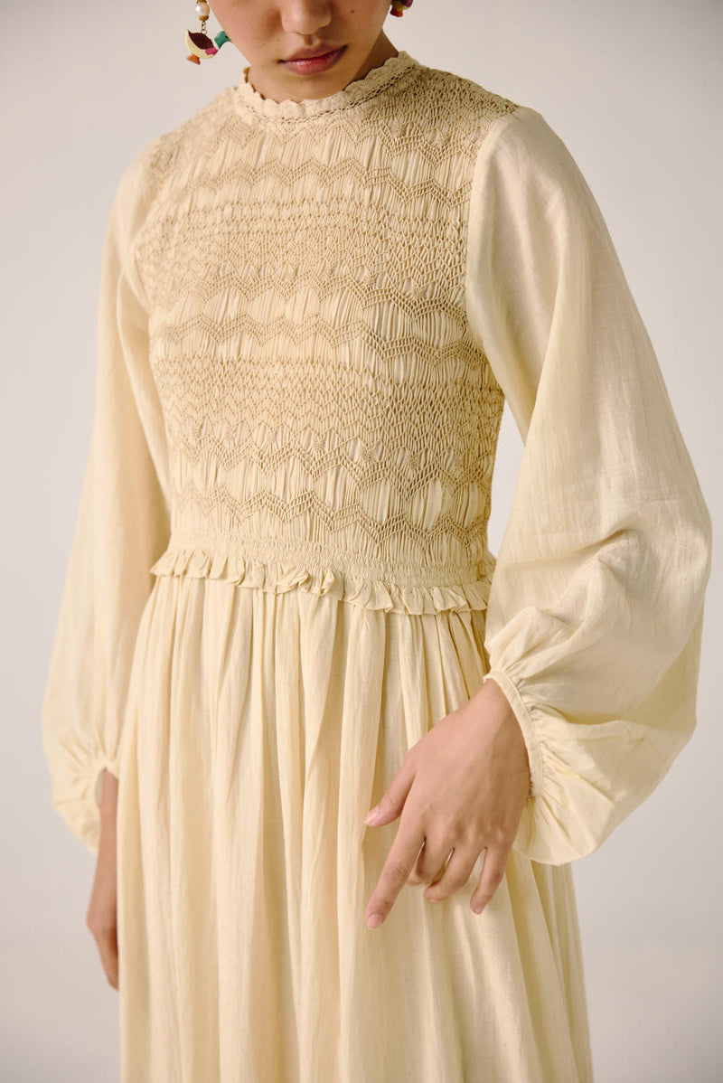 Heart smocked Dress-Ivory cotton by CORD for women Worldwide