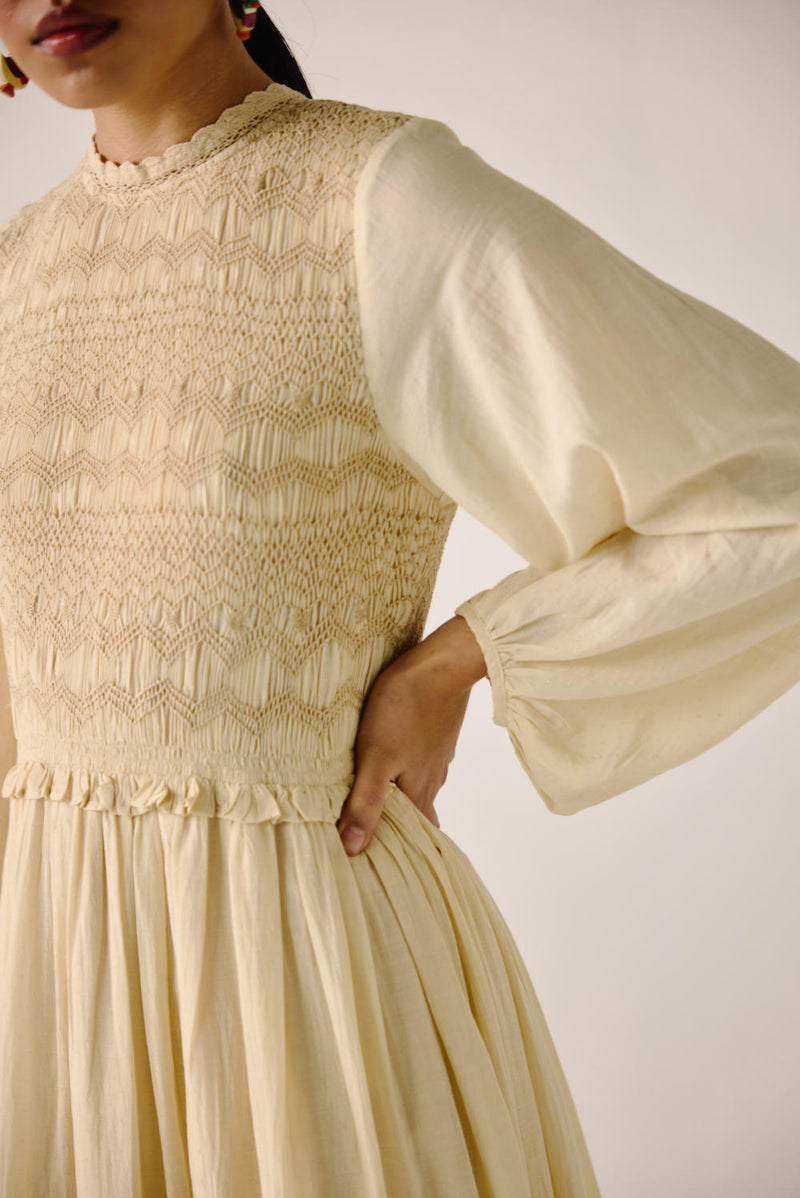 Heart smocked Dress-Ivory cotton by CORD for women Worldwide