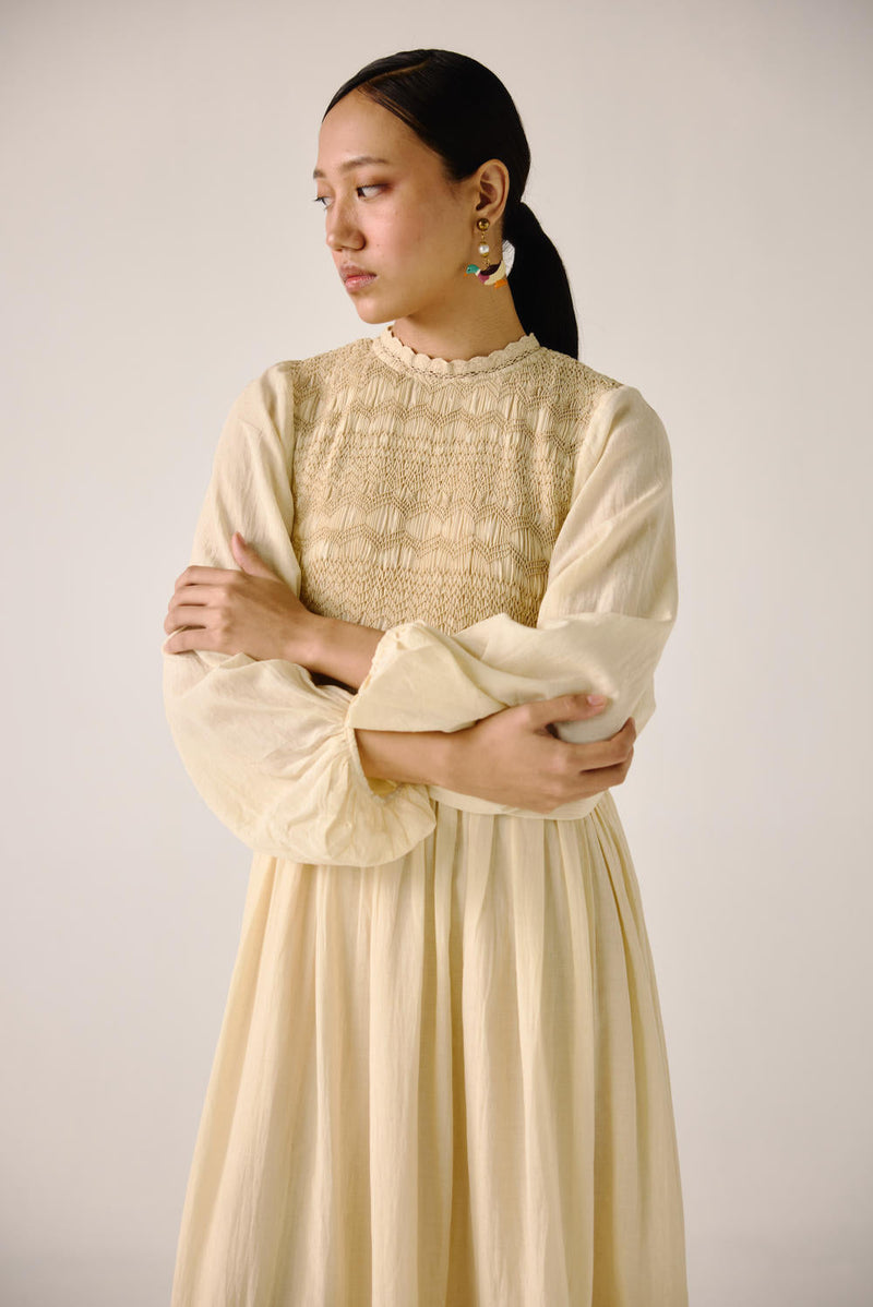 Heart smocked Dress-Ivory cotton by CORD for women Worldwide