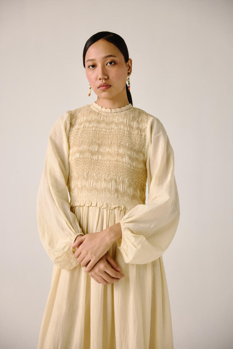Heart smocked Dress-Ivory cotton by CORD for women Worldwide