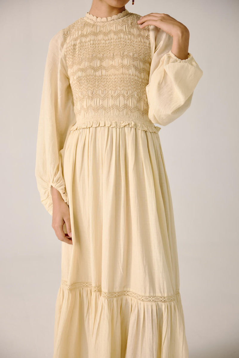 Heart smocked Dress-Ivory cotton by CORD for women Worldwide