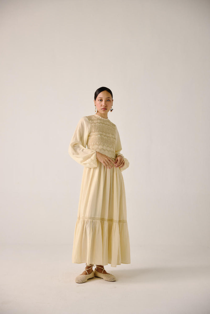 Heart smocked Dress-Ivory cotton by CORD for women Worldwide
