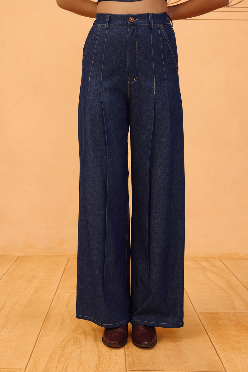 Heirloom Sustainable Denim Pleated Jeans denim pant/trouser by SUI in blue for women Worldwide