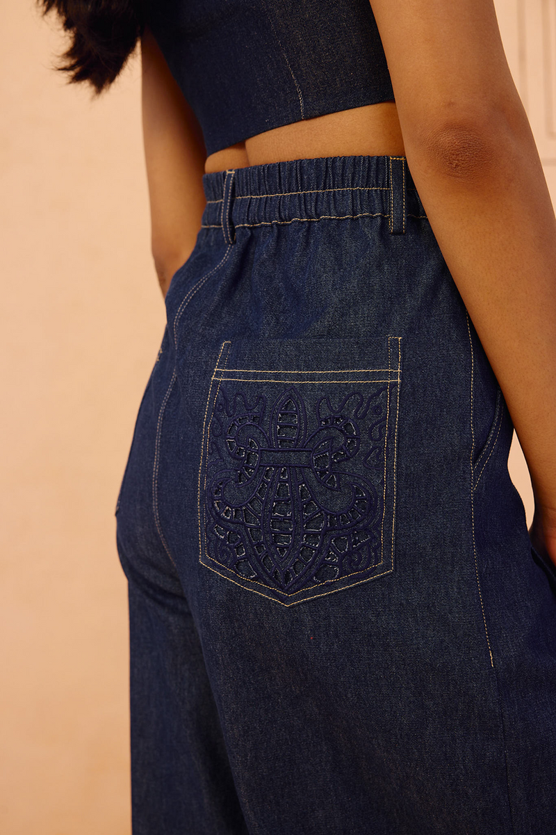 Heirloom Sustainable Denim Pleated Jeans denim pant/trouser by SUI in blue for women Worldwide