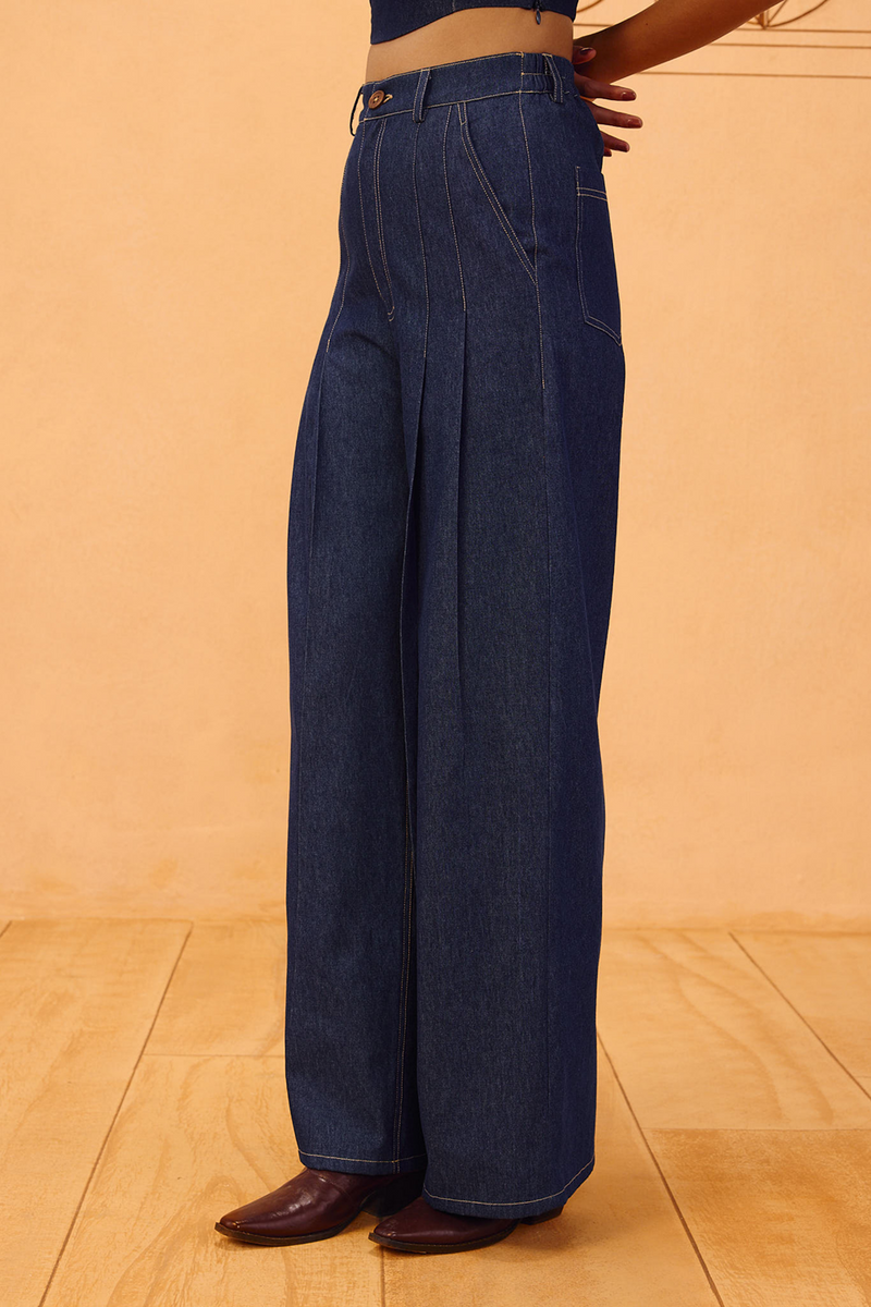 Heirloom Sustainable Denim Pleated Jeans denim pant/trouser by SUI in blue for women Worldwide
