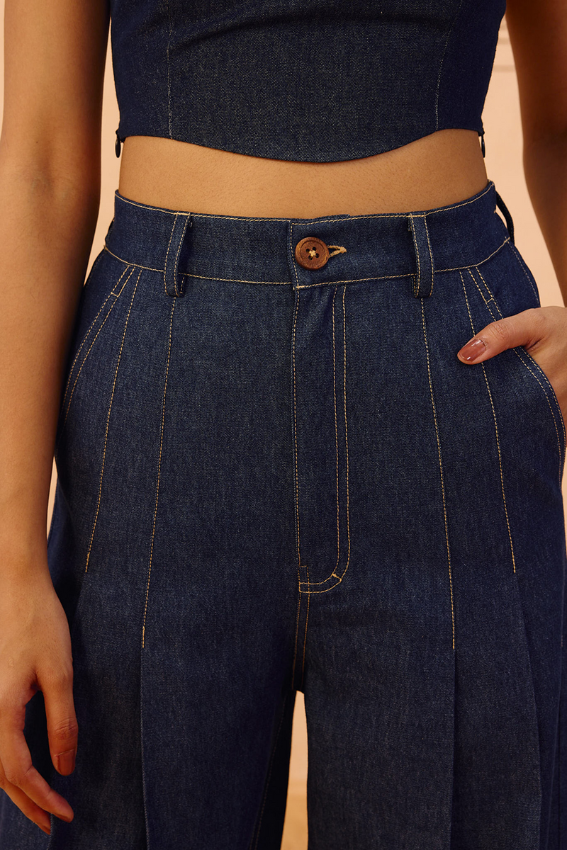 Heirloom Sustainable Denim Pleated Jeans denim pant/trouser by SUI in blue for women Worldwide