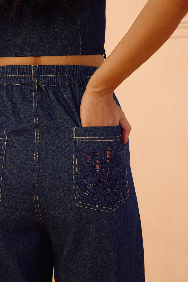 Heirloom Sustainable Denim Pleated Jeans denim pant/trouser by SUI in blue for women Worldwide