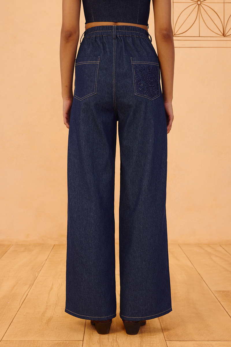 Heirloom Sustainable Denim Pleated Jeans denim pant/trouser by SUI in blue for women Worldwide