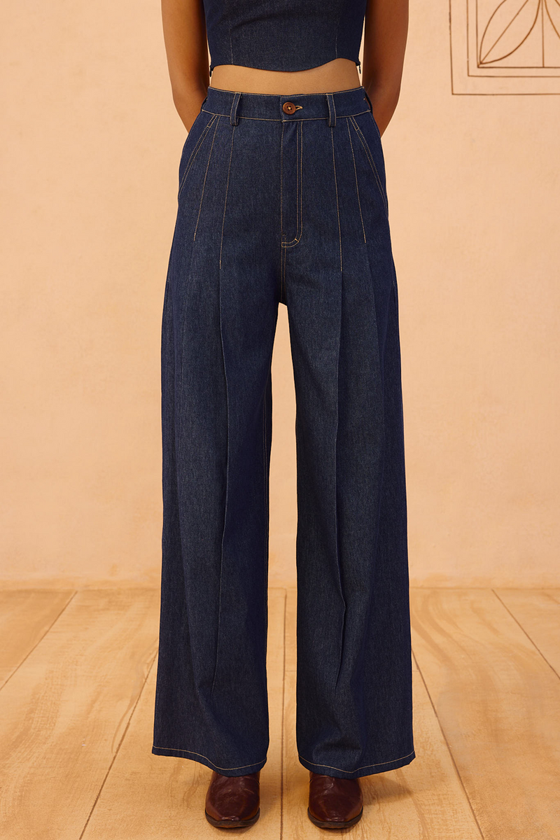 Heirloom Sustainable Denim Pleated Jeans denim pant/trouser by SUI in blue for women Worldwide