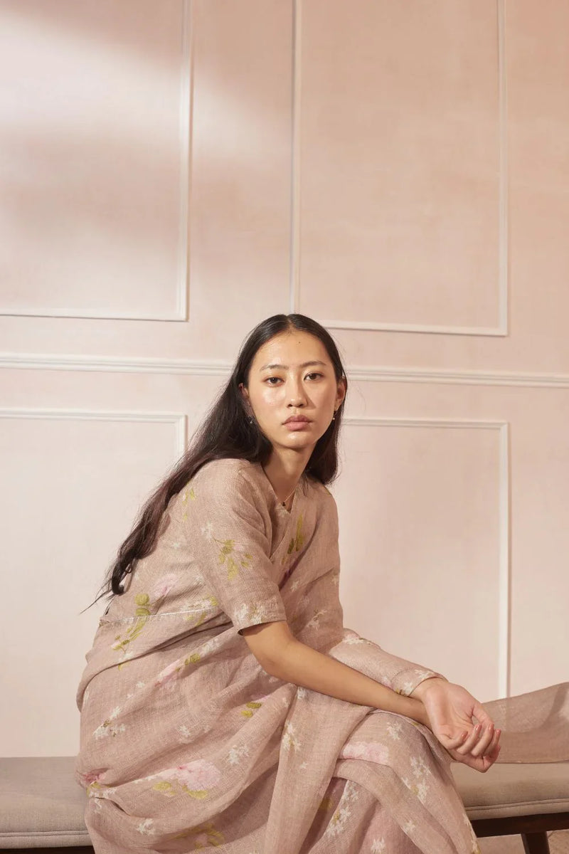 Hibiscus Linen Sari by Nadiya Paar in brown color for women Worldwide