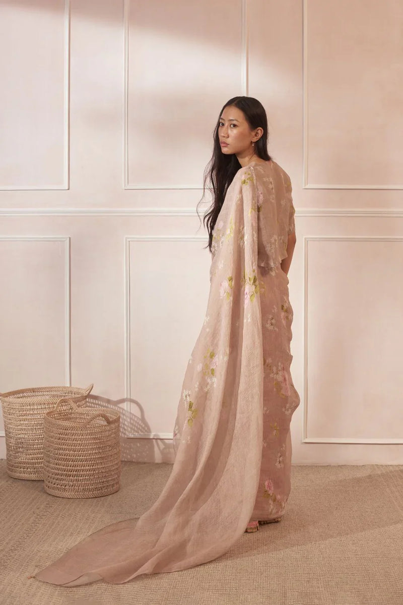Hibiscus Linen Sari by Nadiya Paar in brown color for women Worldwide