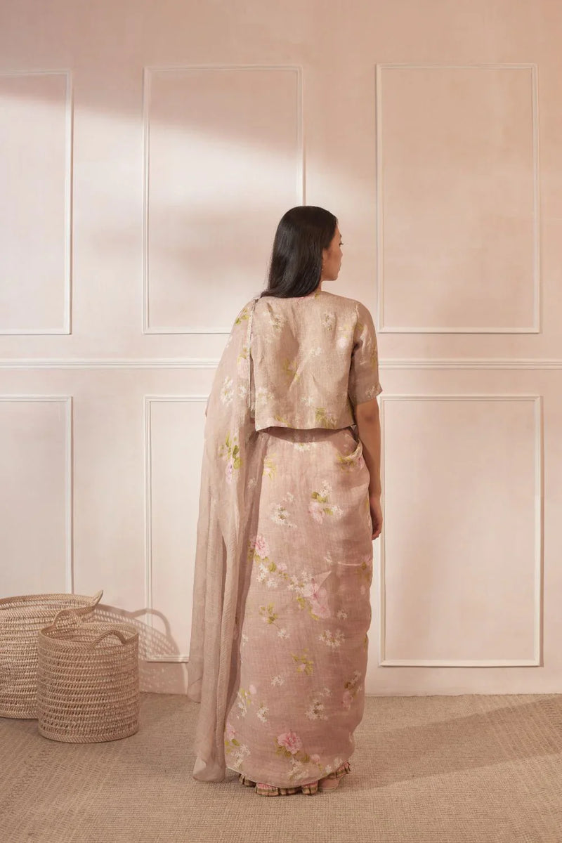 Hibiscus Linen Sari by Nadiya Paar in brown color for women Worldwide