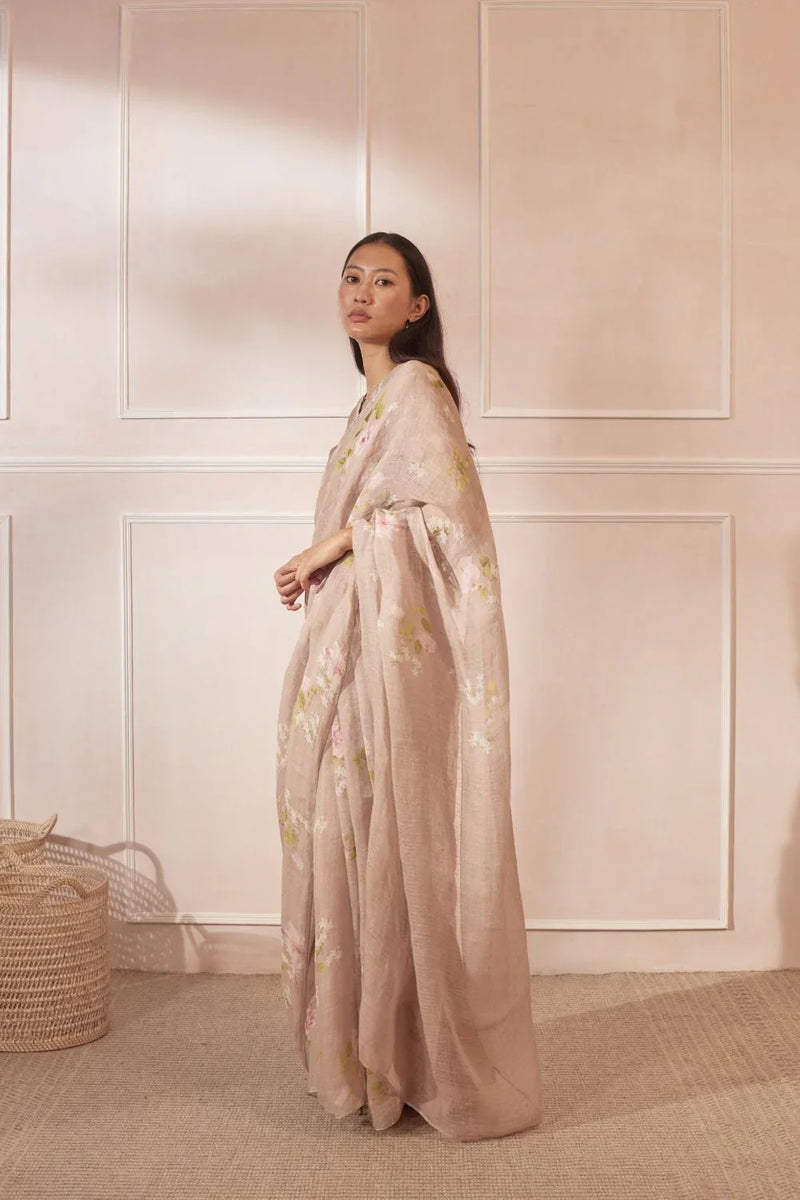 Hibiscus Linen Sari by Nadiya Paar in brown color for women Worldwide