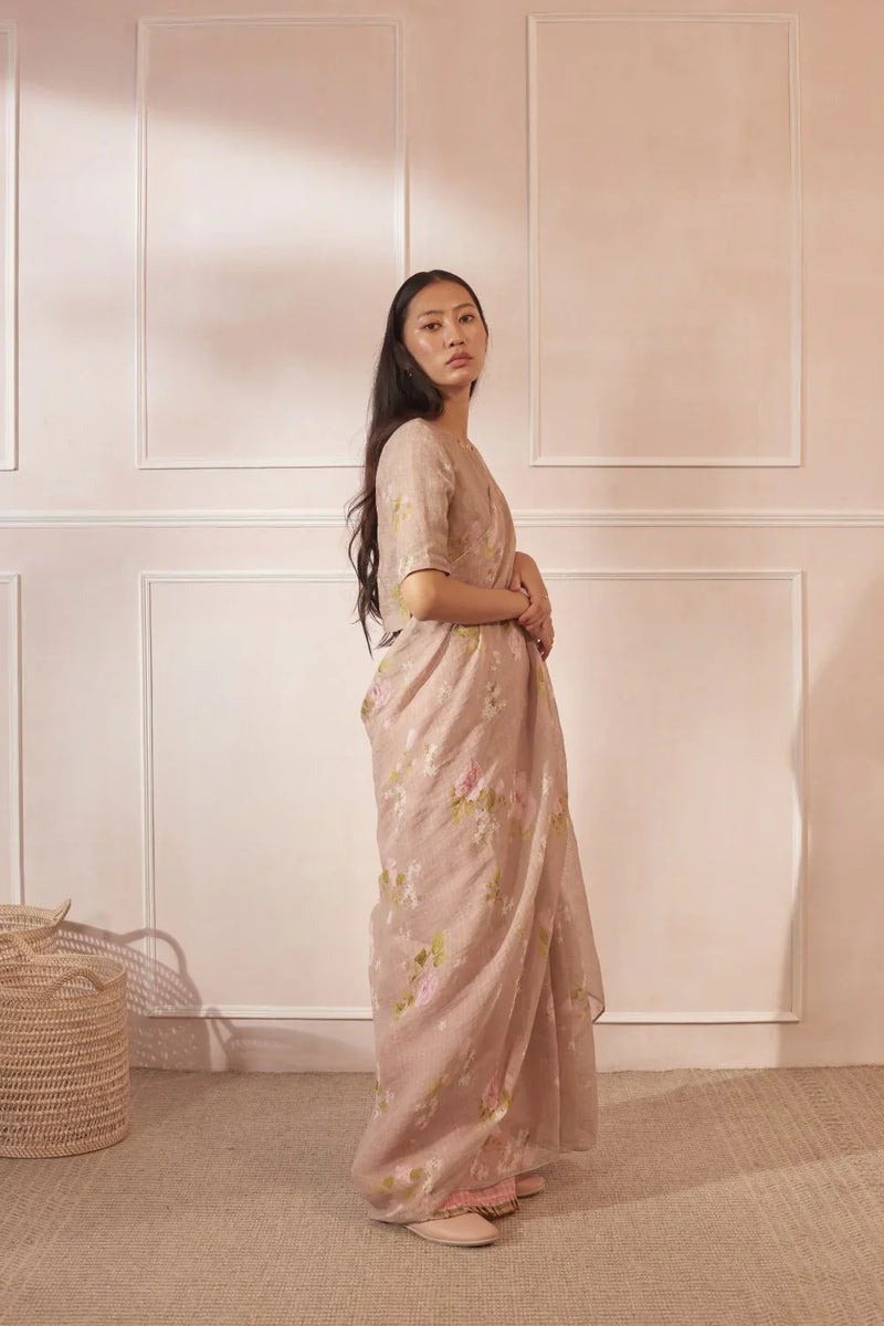 Hibiscus Linen Sari by Nadiya Paar in brown color for women Worldwide