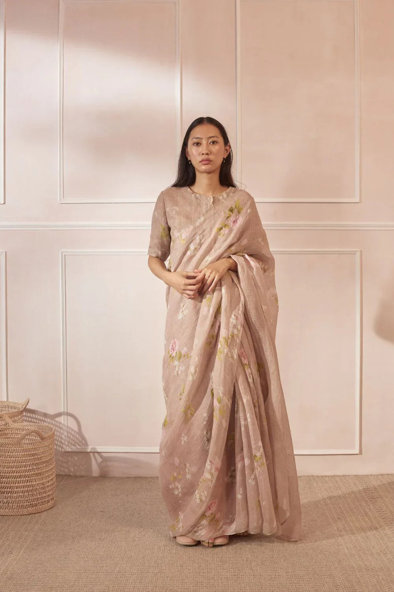 Hibiscus Linen Sari by Nadiya Paar in brown color for women Worldwide