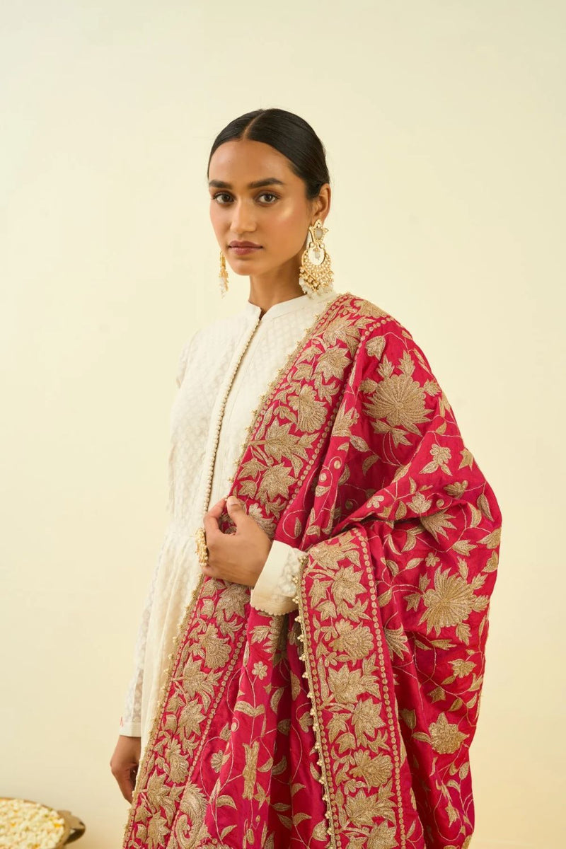 Only Odhni Hotpink Floral Tilla Embroidery silk by SHEETAL BATRA in pink color for women Worldwide