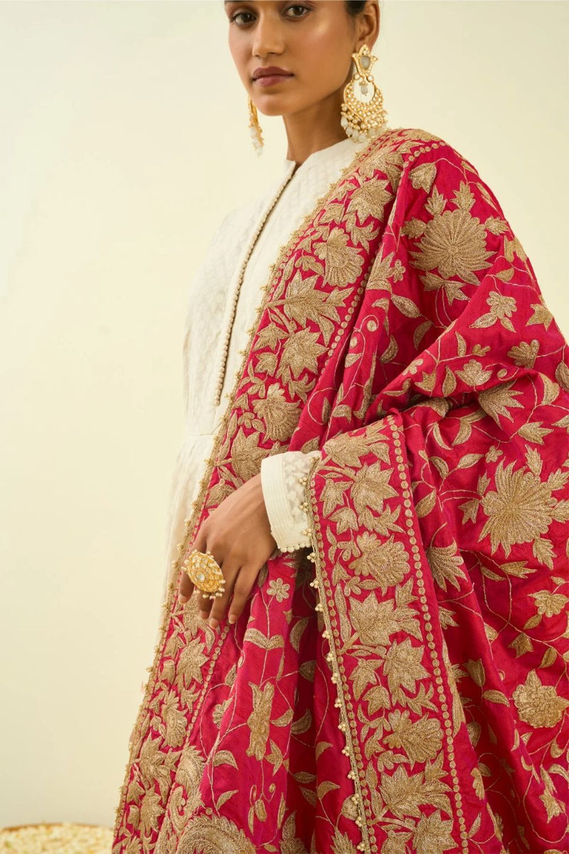Only Odhni Hotpink Floral Tilla Embroidery silk by SHEETAL BATRA in pink color for women Worldwide
