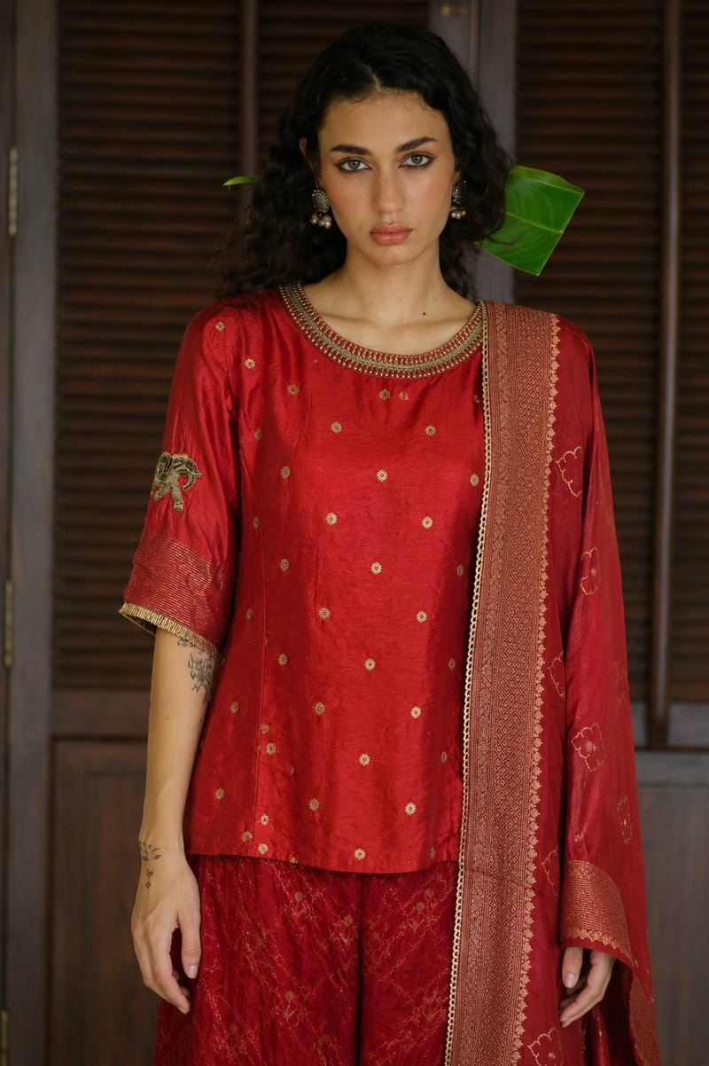 Antara Kurta Set dupion, brocade kurta/kurta set by Myoho in red for women Worldwide