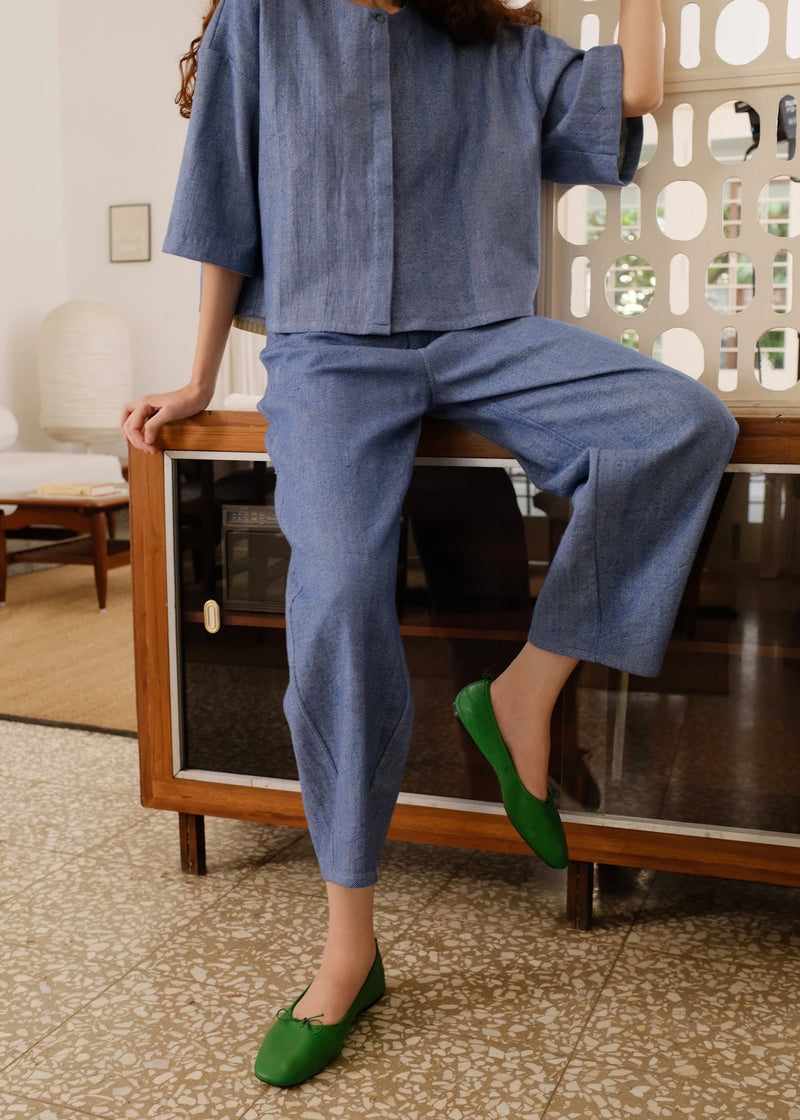 Hayes Pant indigenous cotton pant/trouser by MASON AND MILL in blue for women Worldwide