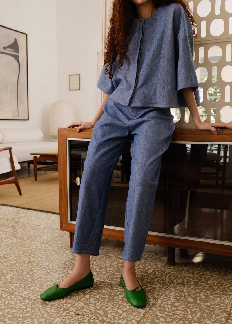 Hayes Pant indigenous cotton pant/trouser by MASON AND MILL in blue for women Worldwide
