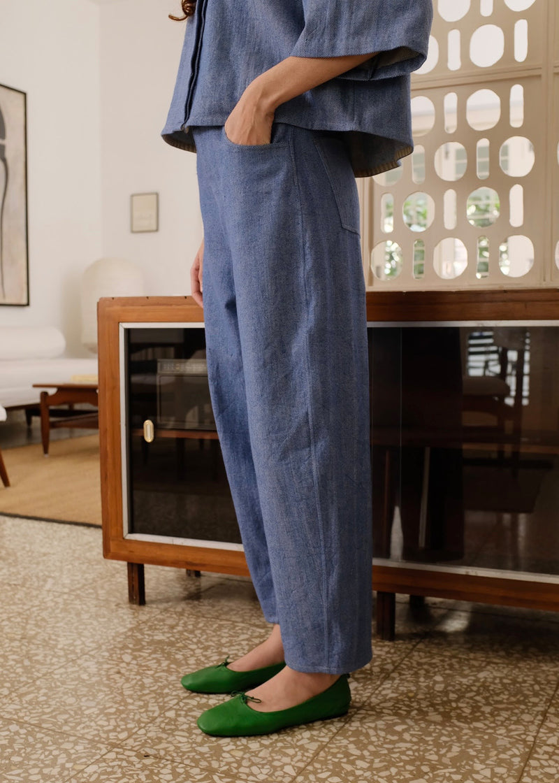 Hayes Pant indigenous cotton pant/trouser by MASON AND MILL in blue for women Worldwide
