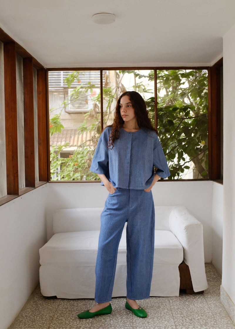 Hayes Pant indigenous cotton pant/trouser by MASON AND MILL in blue for women Worldwide