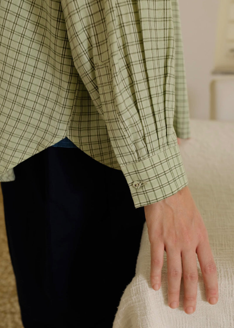 Jules-Smoke Green Checks Shirt handwoven cotton top/shirt by MASON AND MILL in green for women Worldwide