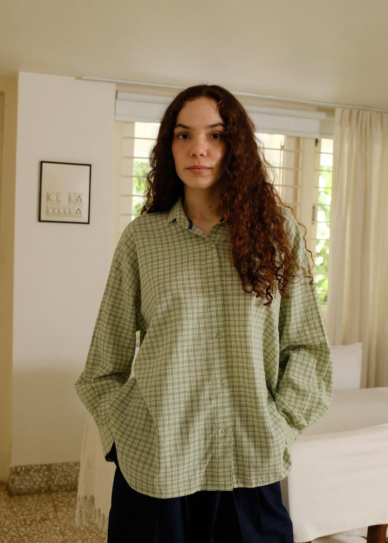 Jules-Smoke Green Checks Shirt handwoven cotton top/shirt by MASON AND MILL in green for women Worldwide