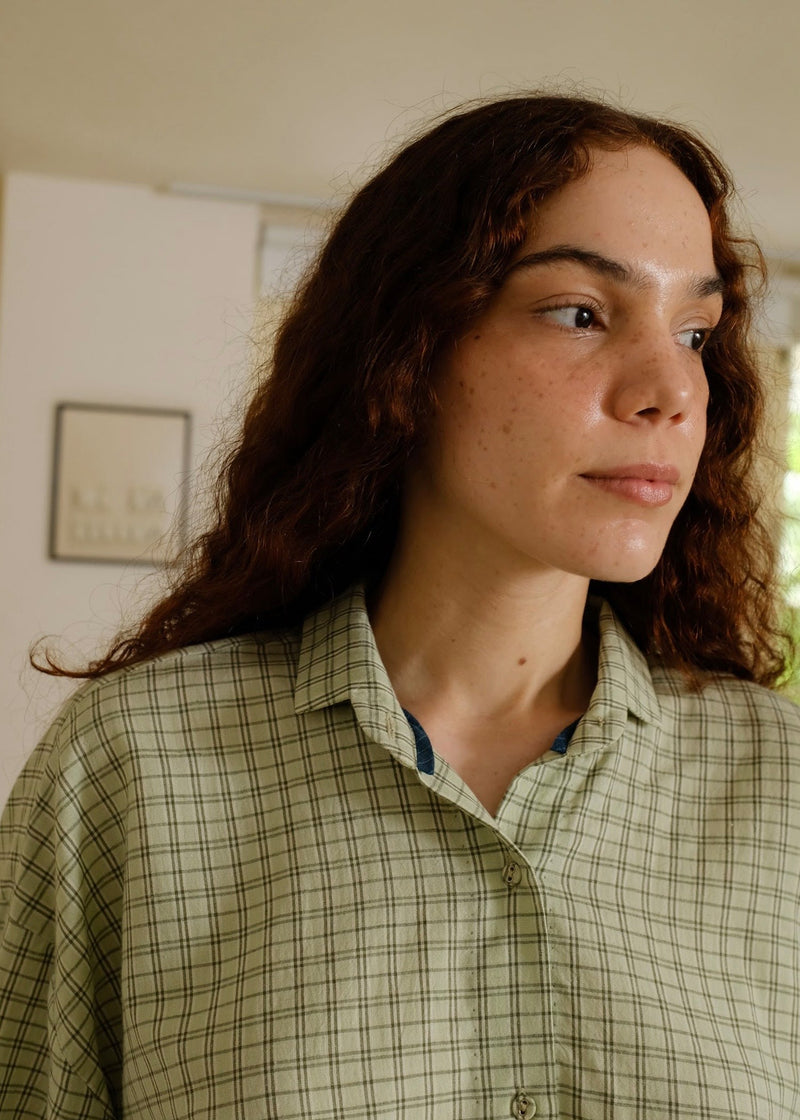 Jules-Smoke Green Checks Shirt handwoven cotton top/shirt by MASON AND MILL in green for women Worldwide