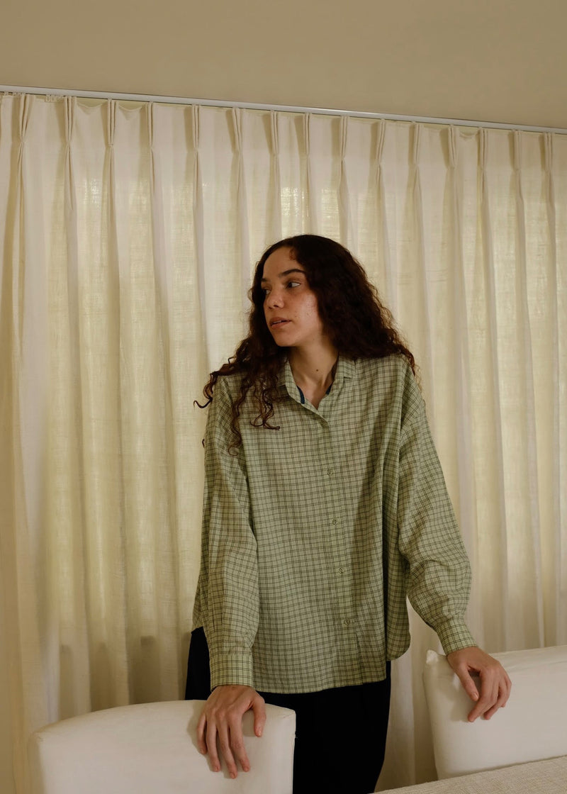 Jules-Smoke Green Checks Shirt handwoven cotton top/shirt by MASON AND MILL in green for women Worldwide