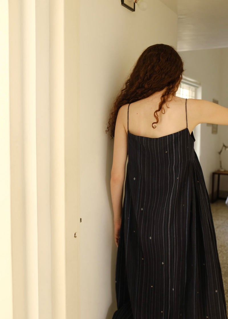 Portia-Midnight Jamdani Dress cotton jamdani dress by MASON AND MILL in blue for women Worldwide