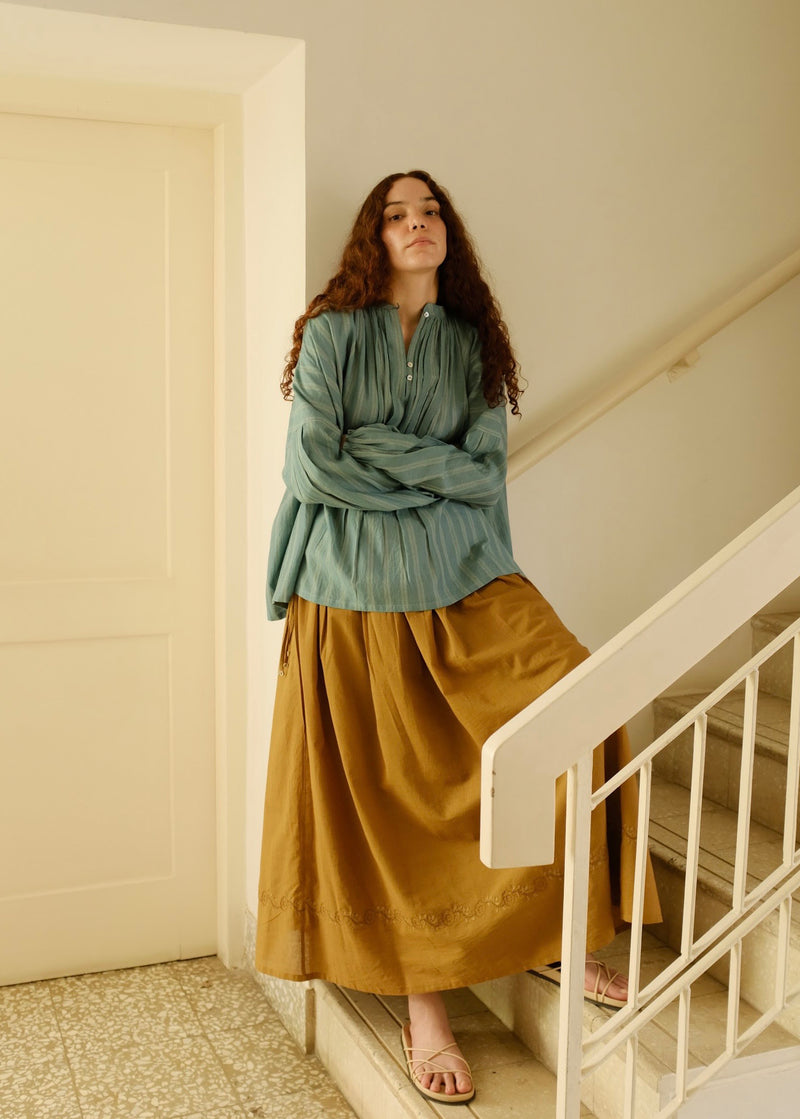 Della Skirt handwoven cotton top/shirt by MASON AND MILL in mustard yellow for women Worldwide