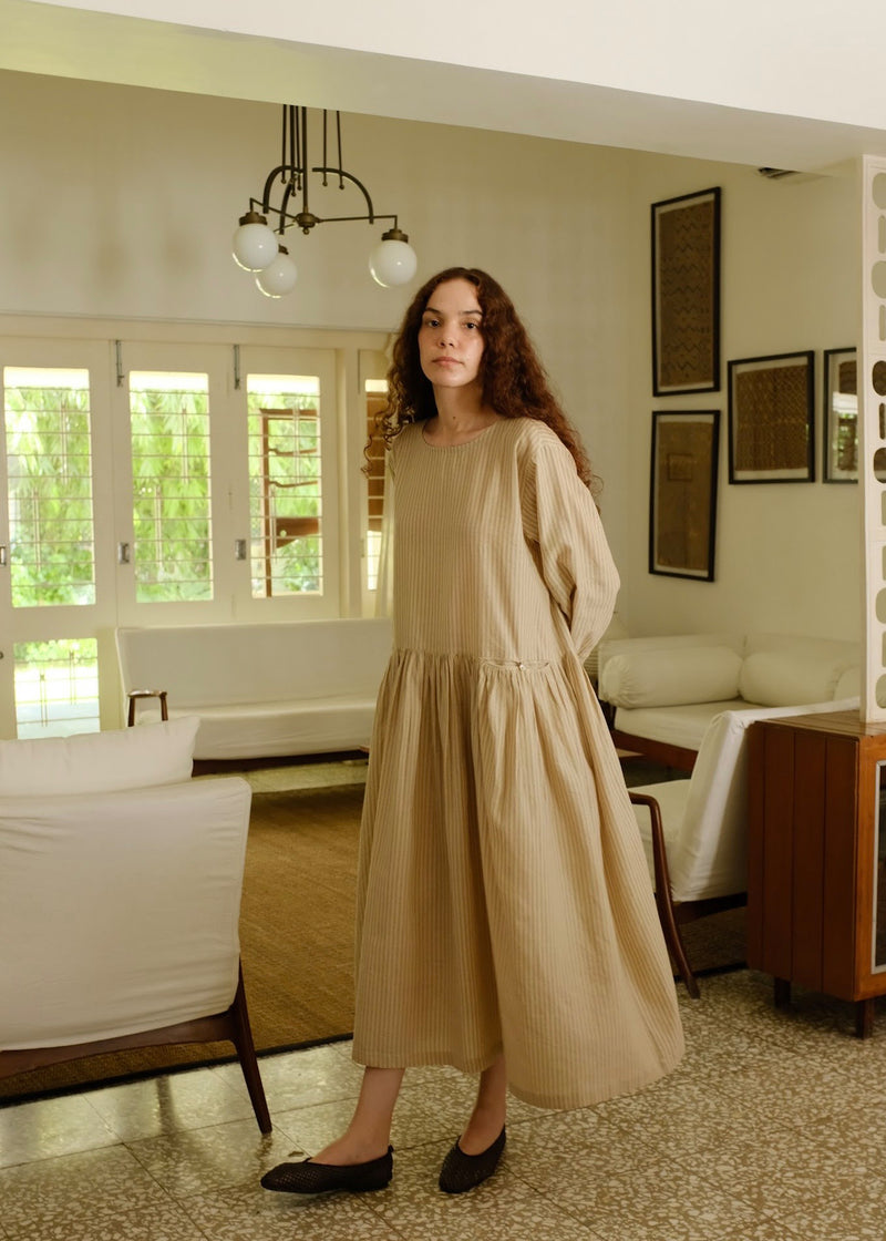 Blake-Sand Dress handwoven cotton dress by MASON AND MILL in beige for women Worldwide