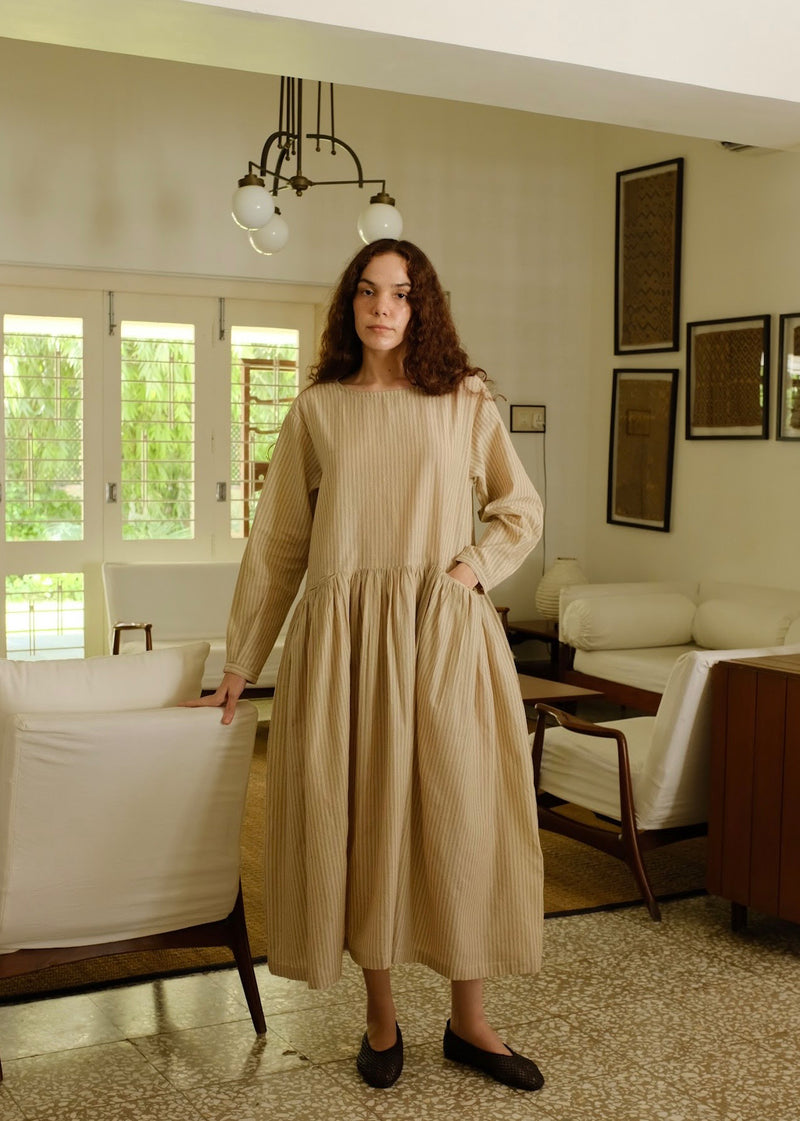 Blake-Sand Dress handwoven cotton dress by MASON AND MILL in beige for women Worldwide