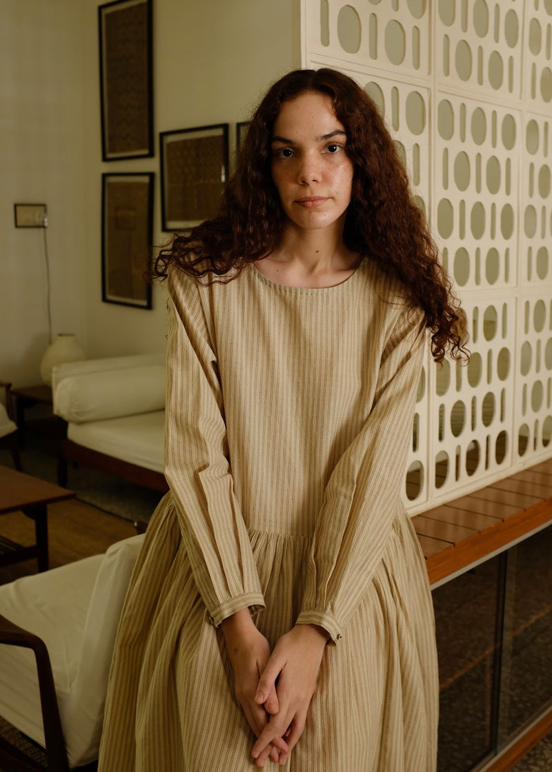 Blake-Sand Dress handwoven cotton dress by MASON AND MILL in beige for women Worldwide