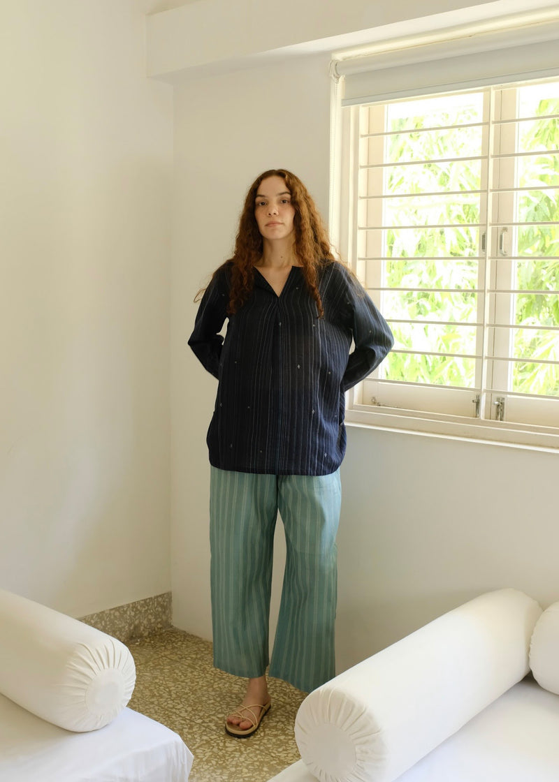 Maya-Midnight Jamdani Top cotton jamdani top/shirt by MASON AND MILL in blue for women Worldwide