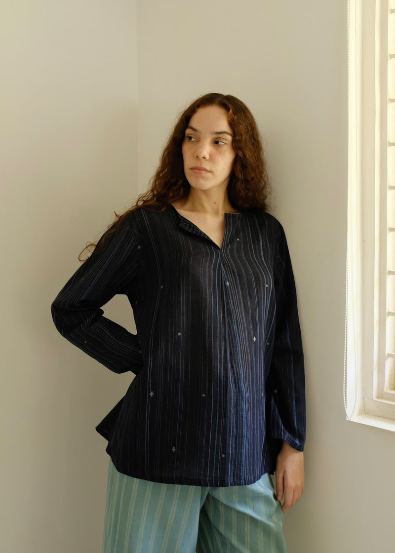 Maya-Midnight Jamdani Top cotton jamdani top/shirt by MASON AND MILL in blue for women Worldwide