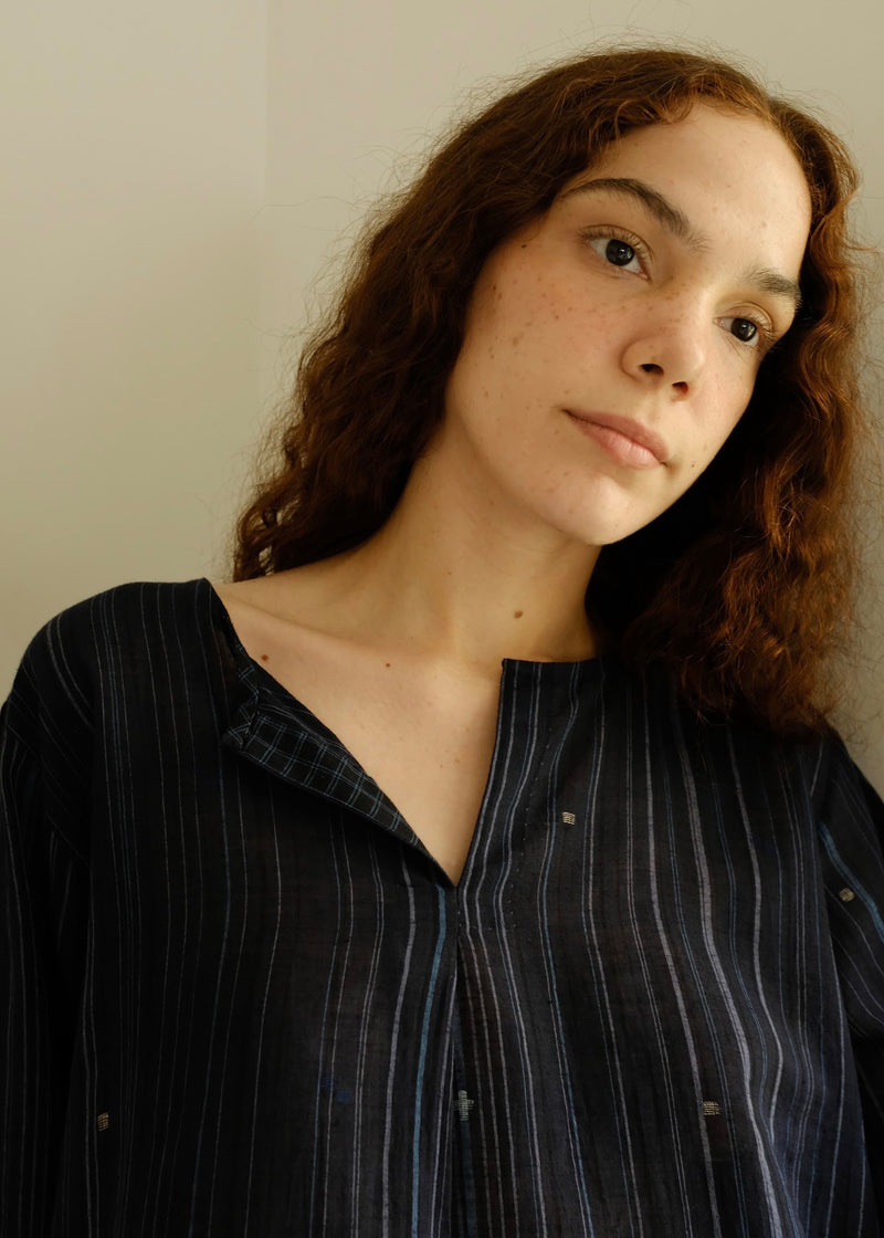 Maya-Midnight Jamdani Top cotton jamdani top/shirt by MASON AND MILL in blue for women Worldwide