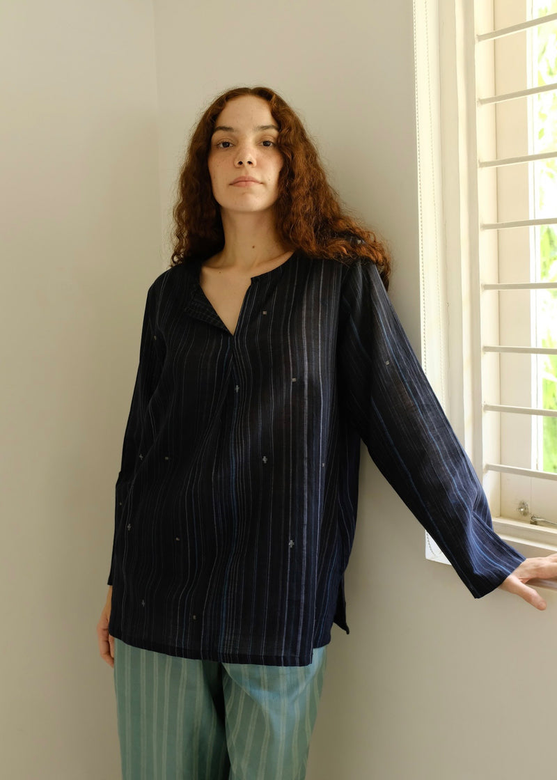 Maya-Midnight Jamdani Top cotton jamdani top/shirt by MASON AND MILL in blue for women Worldwide