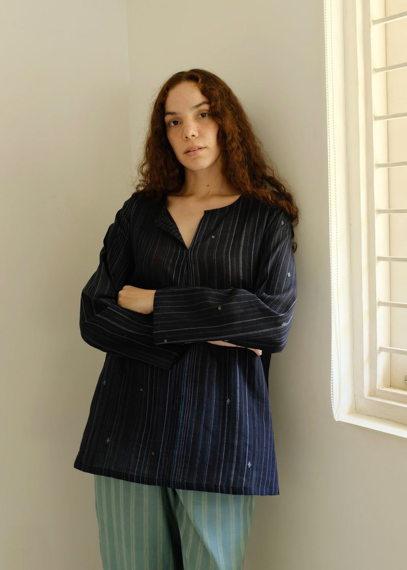 Maya-Midnight Jamdani Top cotton jamdani top/shirt by MASON AND MILL in blue for women Worldwide