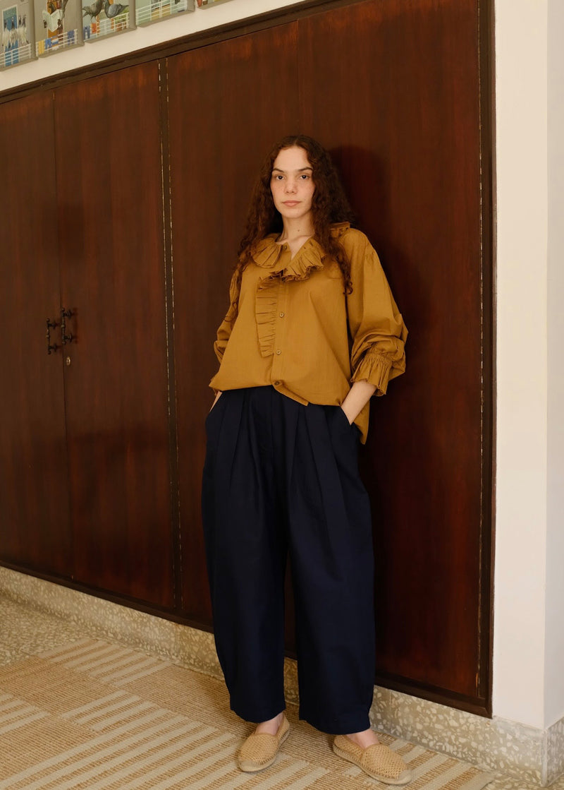 Charlotte-Gold Top handwoven cotton top/shirt by MASON AND MILL in mustard yellow for women Worldwide