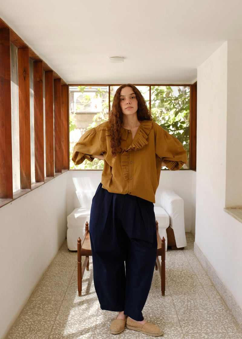 Charlotte-Gold Top handwoven cotton top/shirt by MASON AND MILL in mustard yellow for women Worldwide