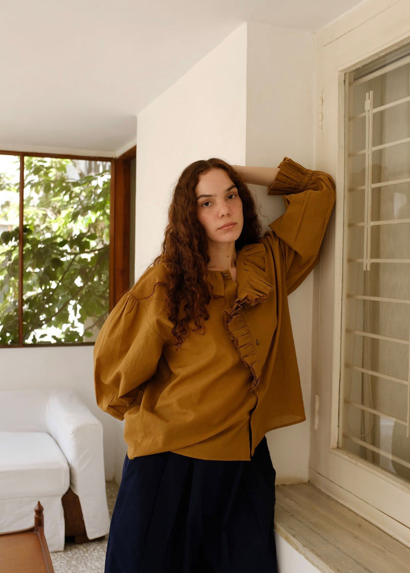 Charlotte-Gold Top handwoven cotton top/shirt by MASON AND MILL in mustard yellow for women Worldwide