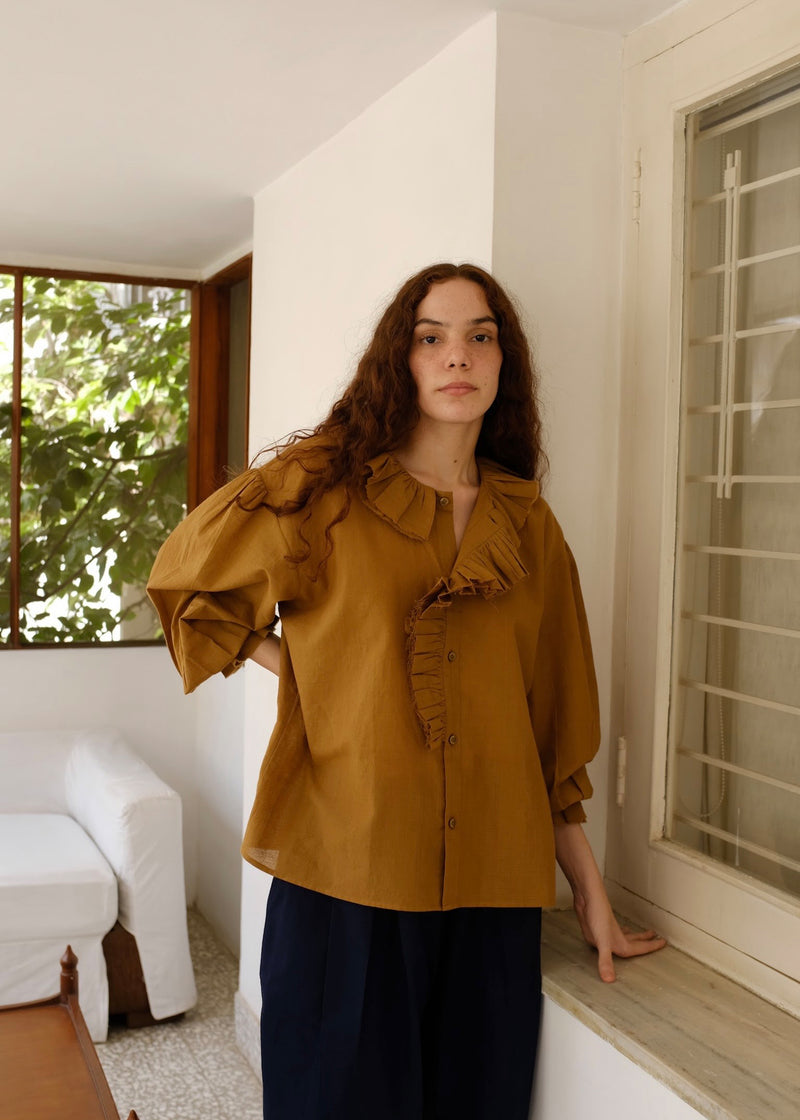 Charlotte-Gold Top handwoven cotton top/shirt by MASON AND MILL in mustard yellow for women Worldwide