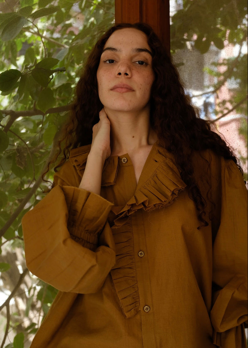 Charlotte-Gold Top handwoven cotton top/shirt by MASON AND MILL in mustard yellow for women Worldwide