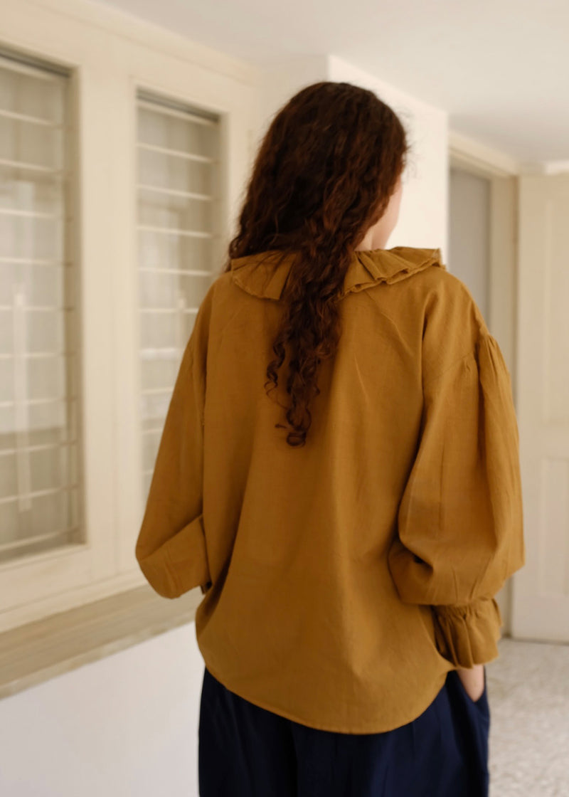 Charlotte-Gold Top handwoven cotton top/shirt by MASON AND MILL in mustard yellow for women Worldwide