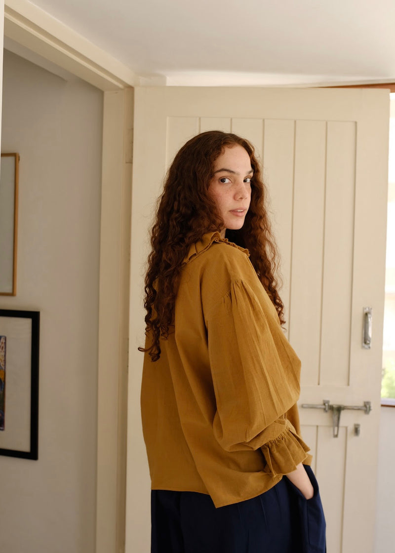 Charlotte-Gold Top handwoven cotton top/shirt by MASON AND MILL in mustard yellow for women Worldwide